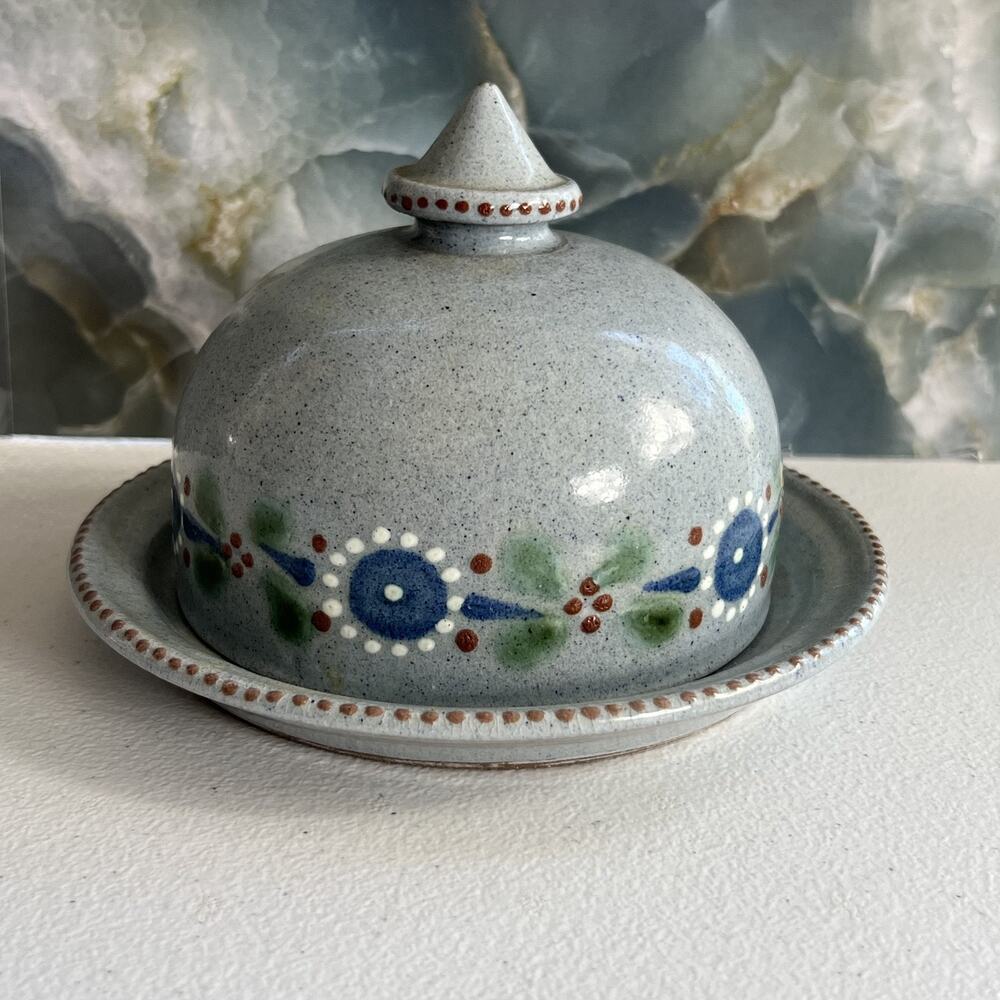 Vintage Stoneware Art Studio Pottery Cheese Dish Hand Painted Flowers Signed